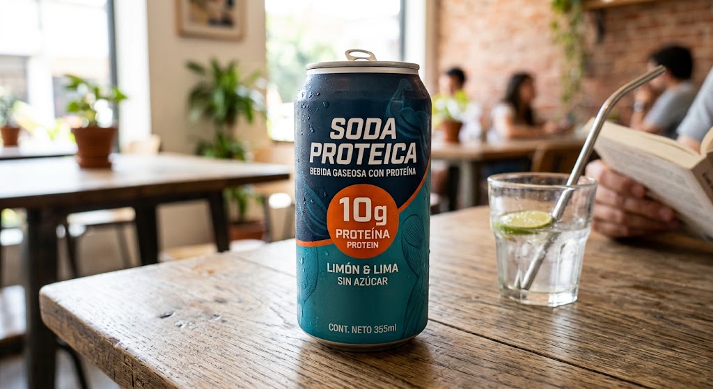 Lata de soda proteica sabor limón y lima, sin azúcar
